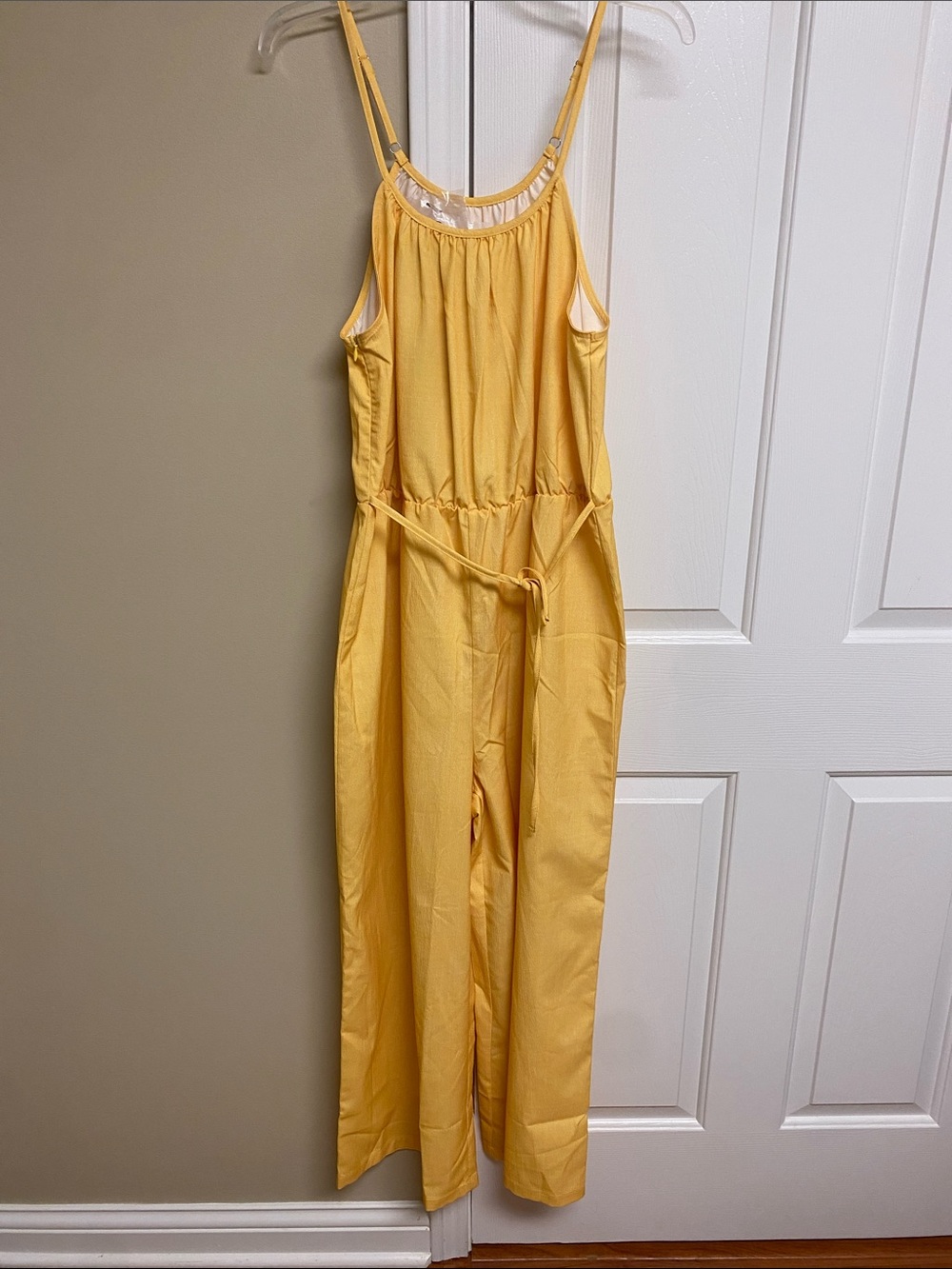 SHEIN Yellow Sleeveless Spaghetti Strap Jumpsuit with Tie Waist